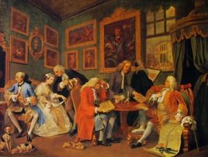 William Hogart: Il contratto - dal Matrimonio alla moda, ciclo di sei dipinti di cm. 68,5 x 89 ciascuno, National Gallery di Londra.